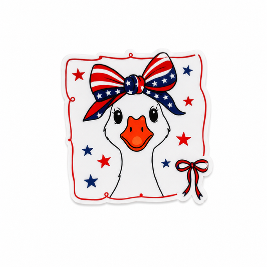 Patriotic goose plastic add-on with red white and blue bow and stars for compatible interchangeable badge reel bases