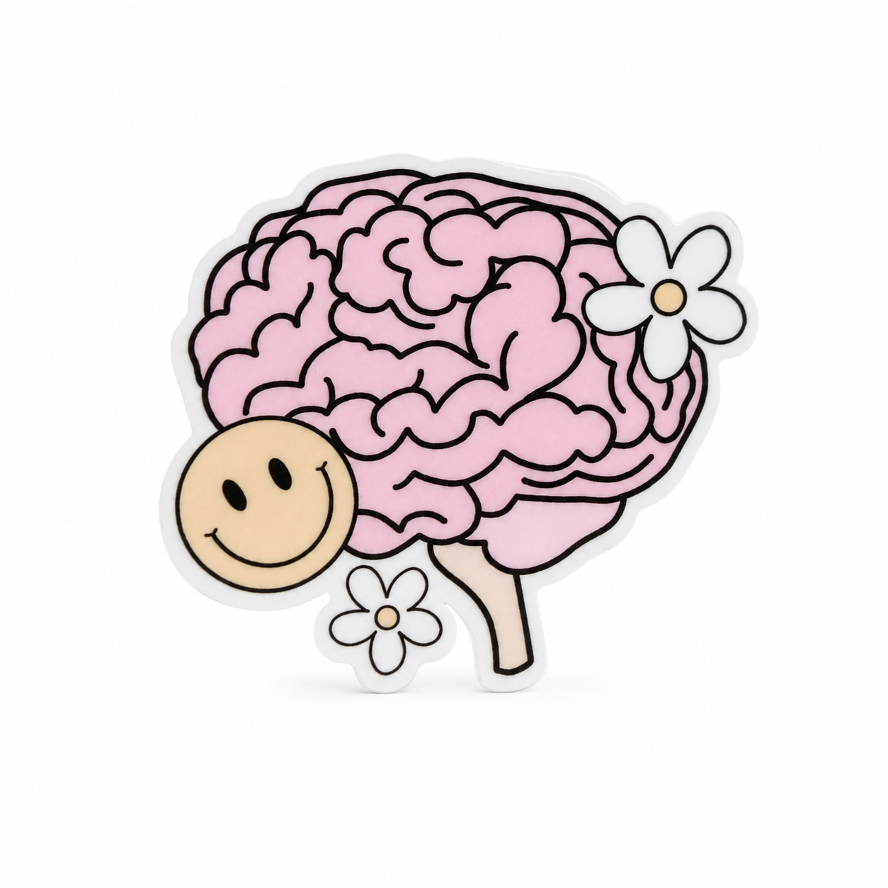 Brain plastic add-on with a smiley face and white daisies, compatible with interchangeable badge reel bases.