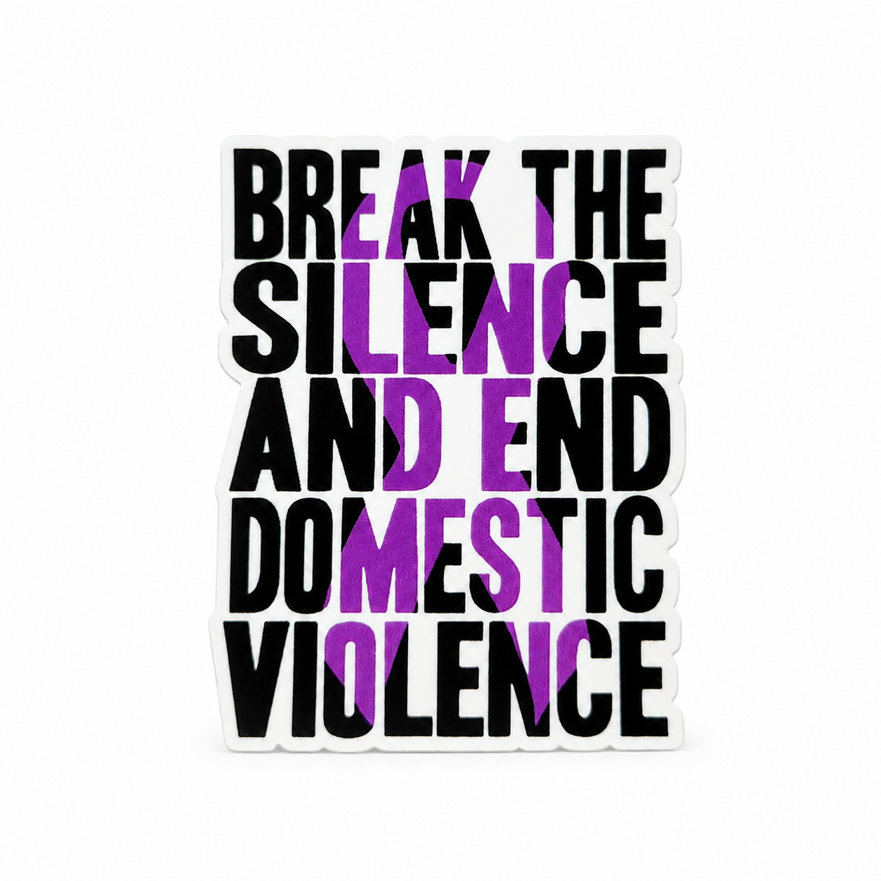 BREAK THE SILENCE AND END DOMESTIC VIOLENCE plastic add-on featuring a purple awareness ribbon design, compatible with interchangeable badge reel bases and awareness accessories
