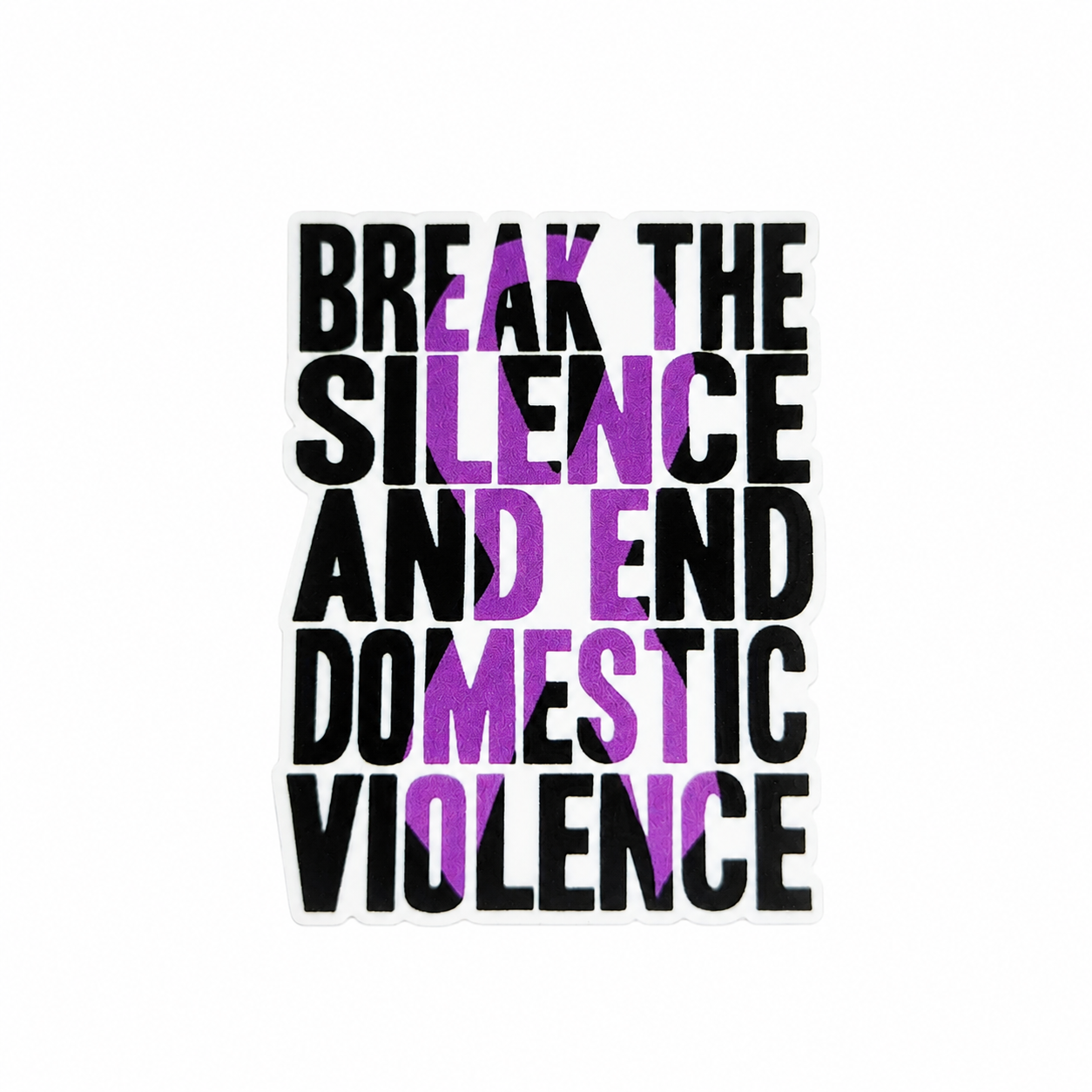 BREAK THE SILENCE AND END DOMESTIC VIOLENCE plastic add-on featuring a purple awareness ribbon design, compatible with interchangeable badge reel bases and awareness accessories