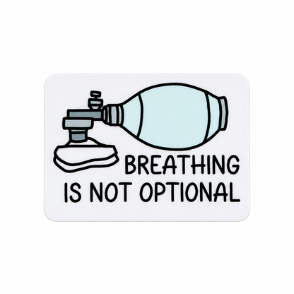 Breathing Is Not Optional plastic add-on featuring an Ambu bag respiratory therapy design, compatible with interchangeable badge reel bases and ideal for respiratory therapists.