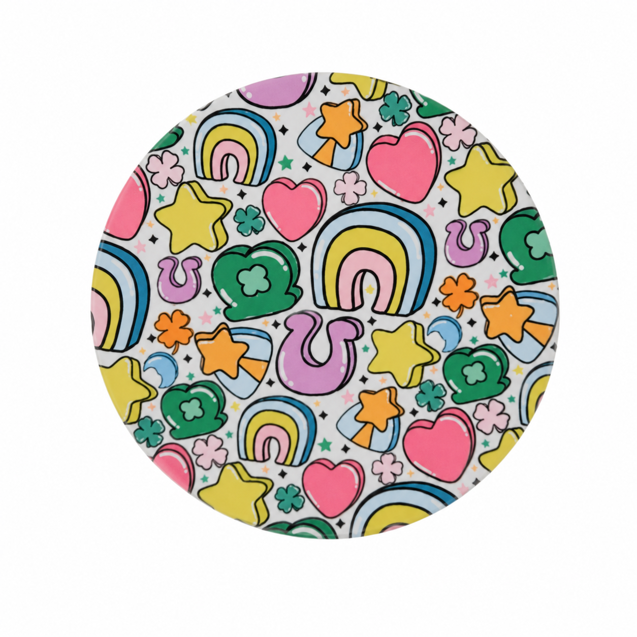 Bright and bold Lucky Charms hard board add-on with rainbows, hearts, clovers, horseshoes and stars, compatible with interchangeable badge reel bases.
