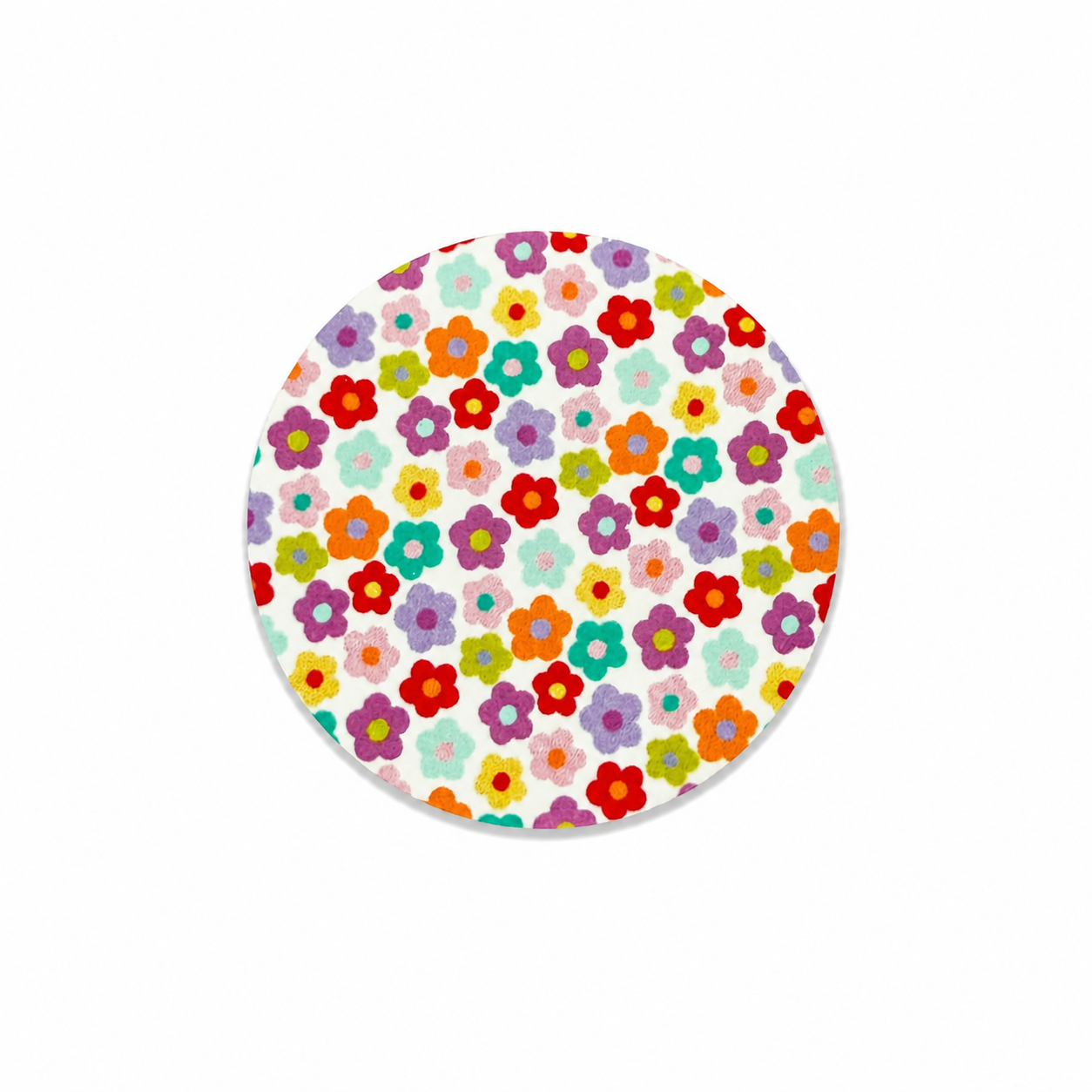 Retro daisy floral hard board add-on featuring colorful flower patterns, compatible with interchangeable badge reel bases, cute vintage-inspired badge topper.