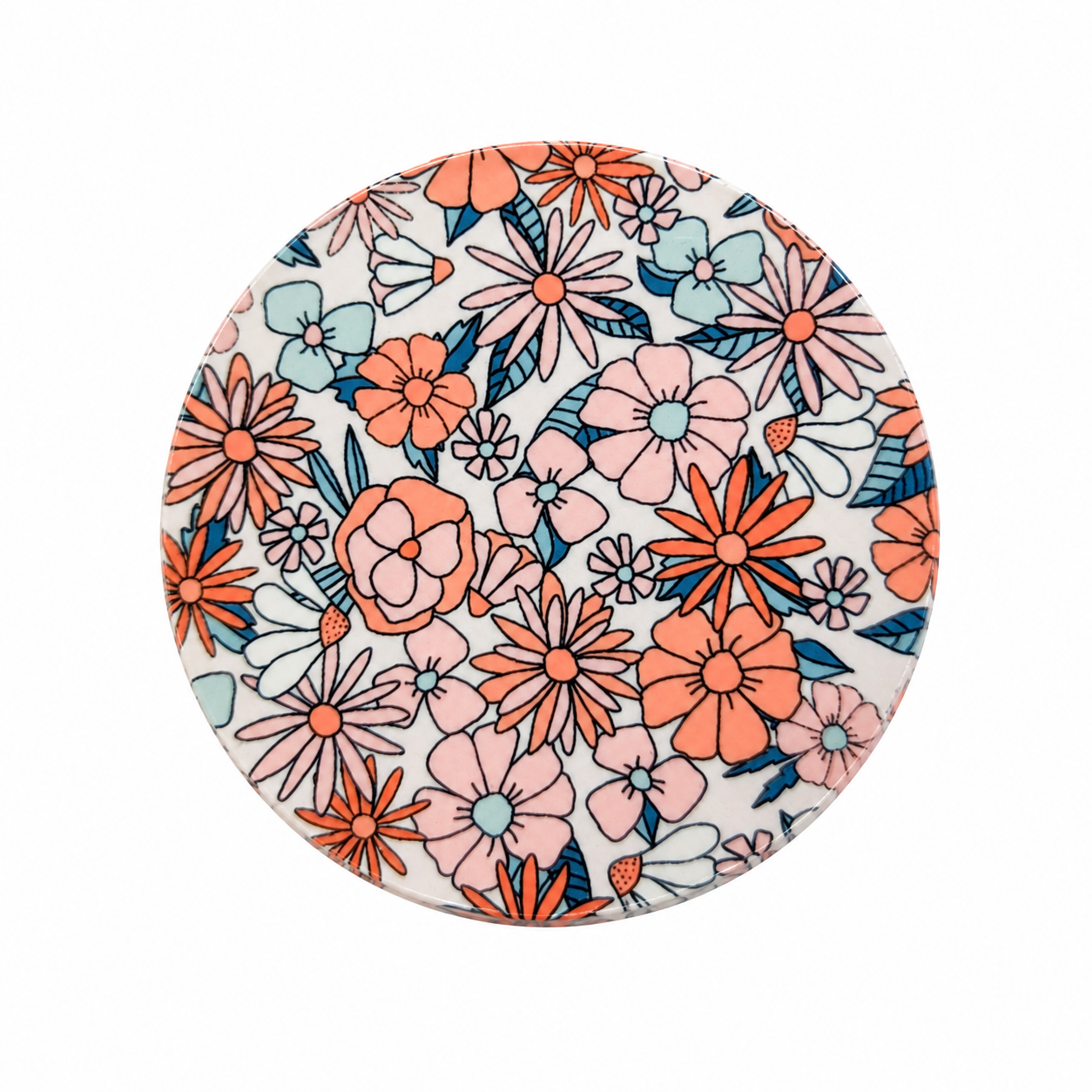 Colorful floral hard board add-on featuring coral, pink, blue, and white flowers with teal leaves, compatible with interchangeable badge reel bases.