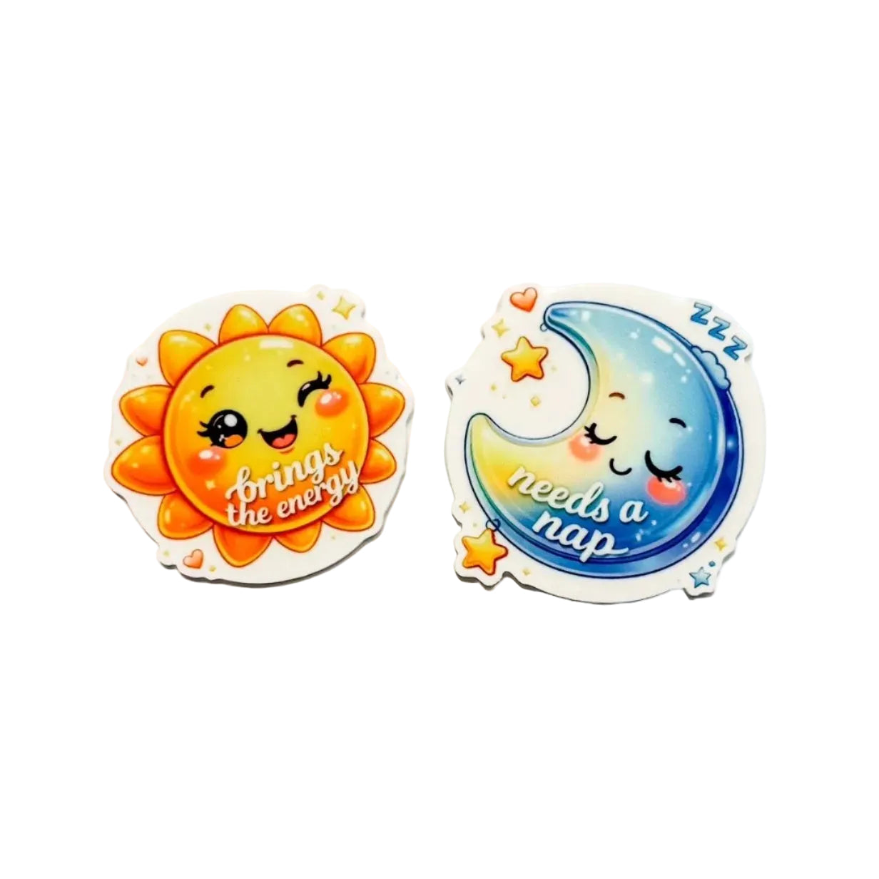 Cute sun and moon plastic add-on set for badge reels featuring “brings the energy” and “needs a nap” designs