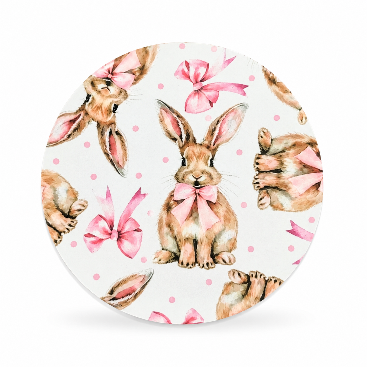 Pink bow bunny hard board add-on featuring watercolor rabbits, pastel bows, and pink dots, compatible with interchangeable badge reel bases for Easter lovers.