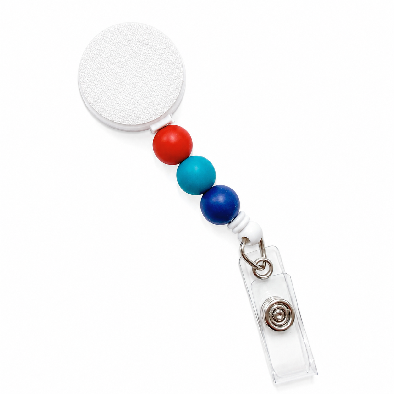 Burgundy Blues badge reel featuring burgundy red, teal blue, and navy blue decorative beads with a retractable badge reel design and secure badge holder attachment.