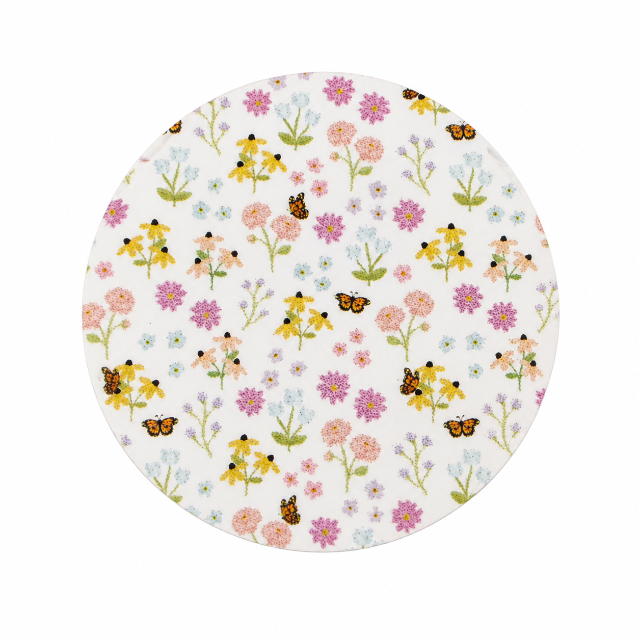 Butterflies and Flowers hard board add-on featuring colorful wildflowers, and butterflies on a white background, compatible with interchangeable badge reel bases.
