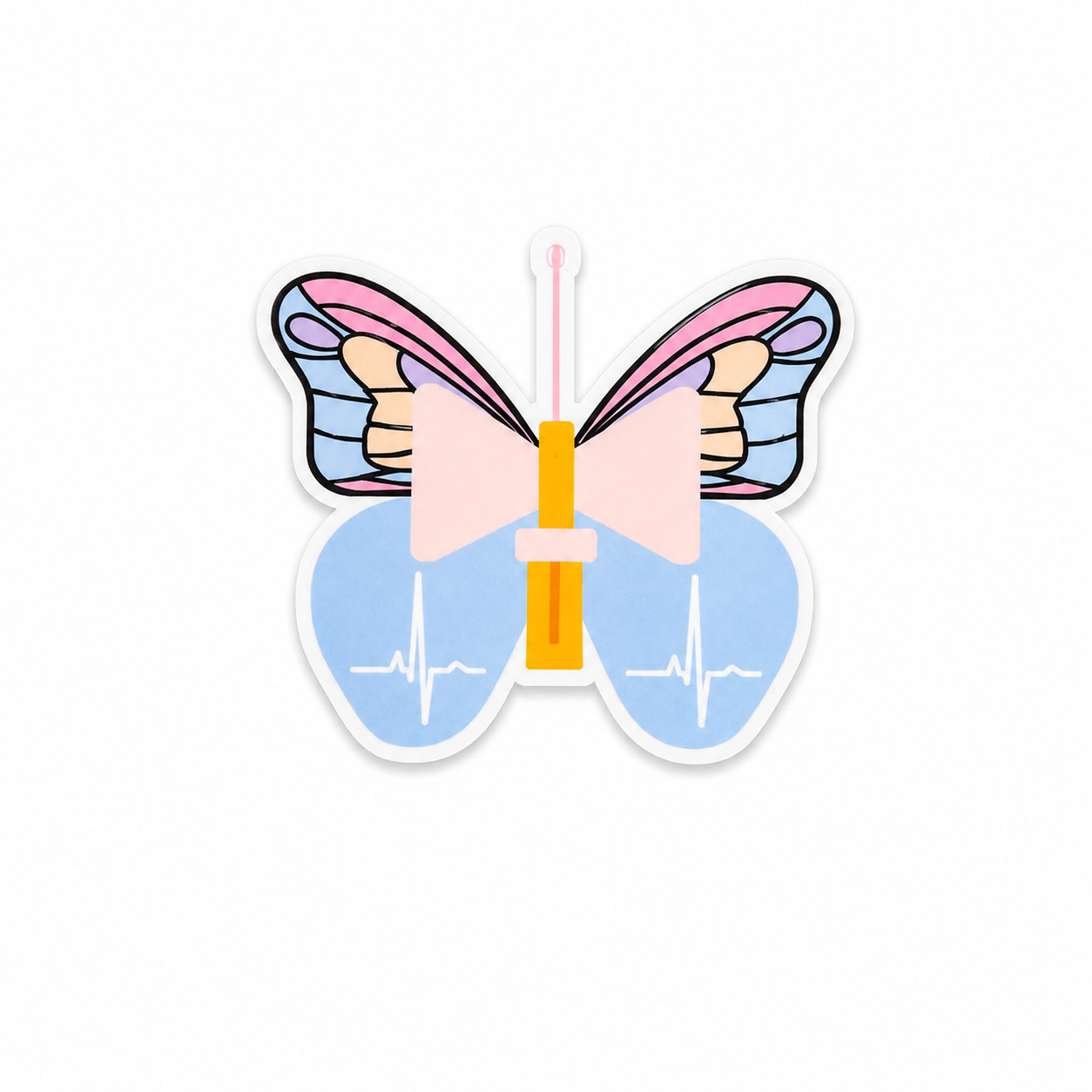 Butterfly needle medical pun plastic add-on with pastel wings and syringe design, compatible with interchangeable badge reel bases