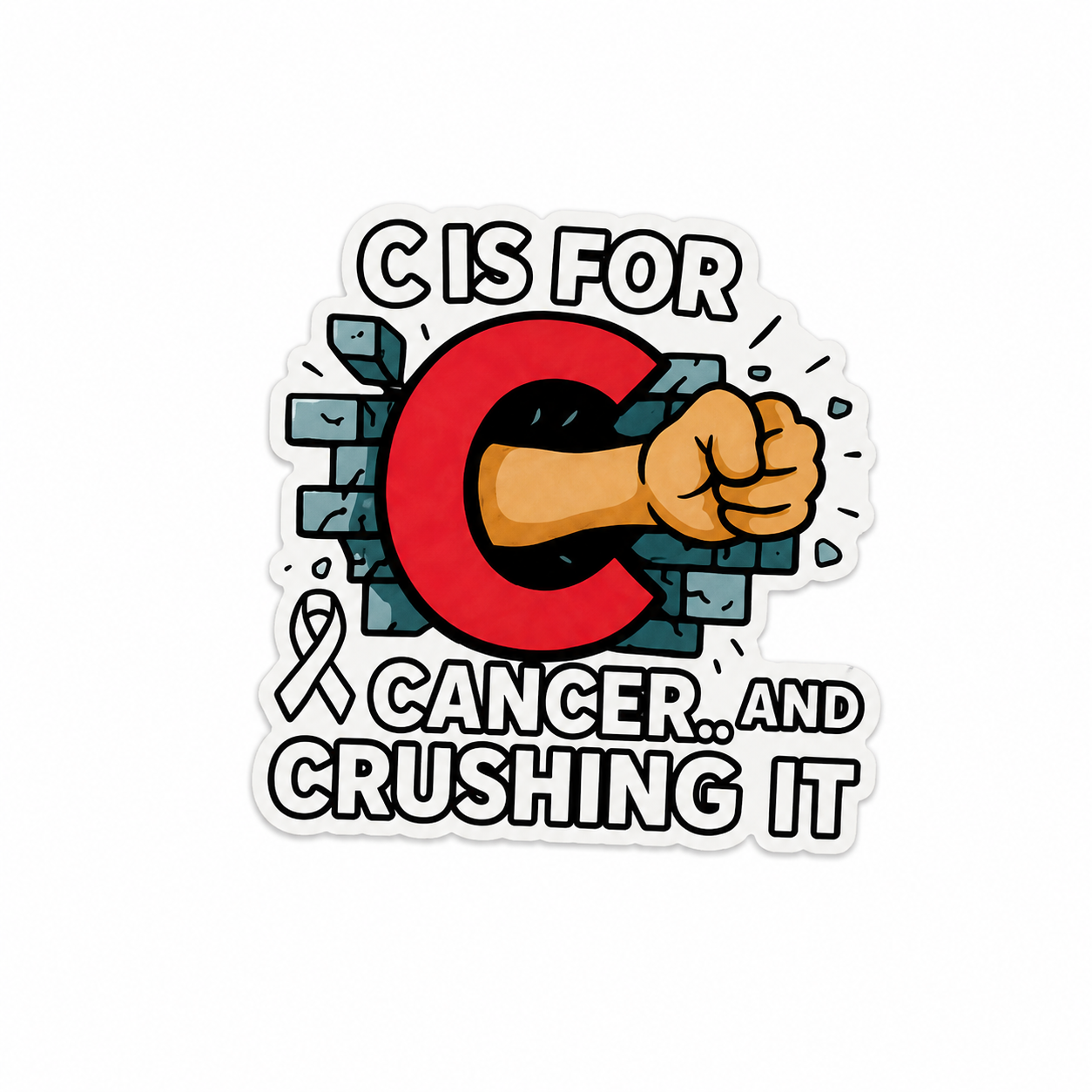 C Is for Cancer and Crushing It plastic add-on with awareness ribbon, red letter C, and fist design, compatible with interchangeable badge reel bases