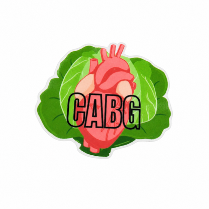 CABG plastic add-on featuring an anatomical heart layered over green cabbage leaves, compatible with interchangeable badge reel bases and ideal for cardiology professionals.