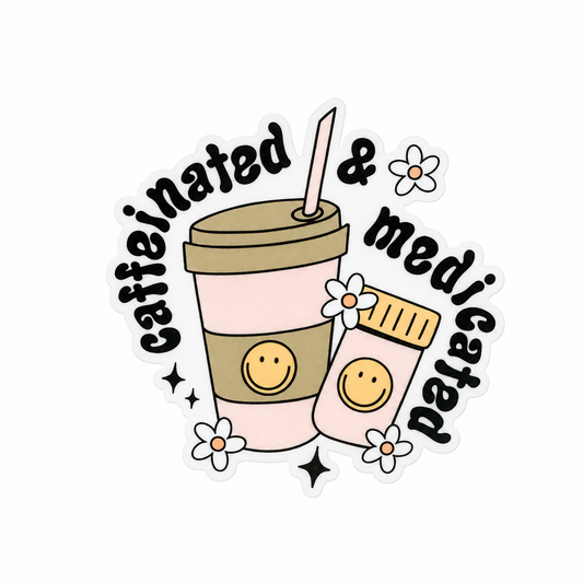 Caffeinated & Medicated plastic add-on with coffee cup, medication bottle, flowers, and smiley faces, compatible with interchangeable badge reel bases.