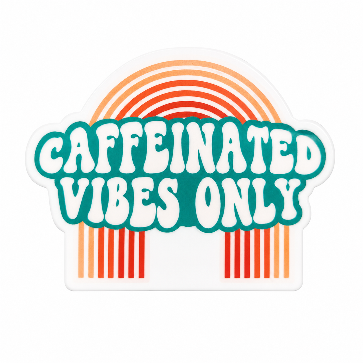 CAFFEINATED VIBES ONLY plastic add-on with teal lettering and retro orange rainbow, compatible with interchangeable badge reel bases.