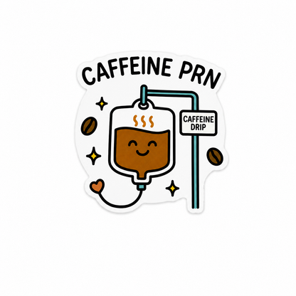 Caffeine PRN plastic add-on featuring a cute caffeine drip IV bag design for compatible interchangeable badge reel bases