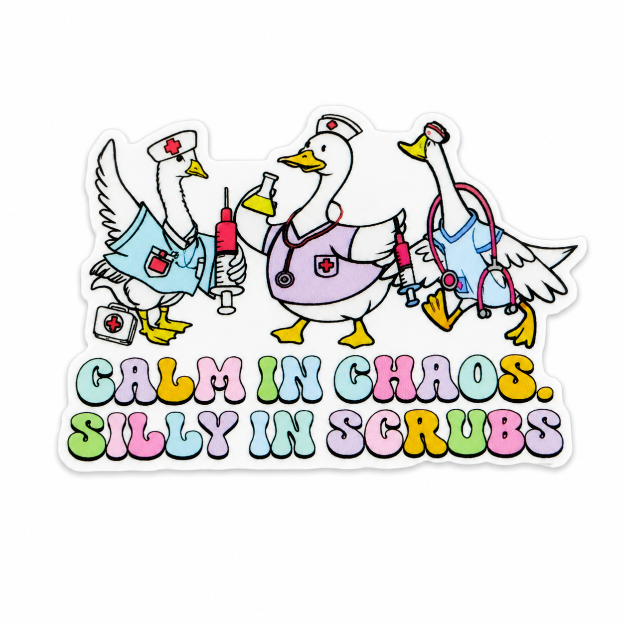 Calming Chaos Silly In Scrubs plastic add-on featuring healthcare geese in scrubs with medical accessories, compatible with interchangeable badge reel bases, funny nurse badge accessory