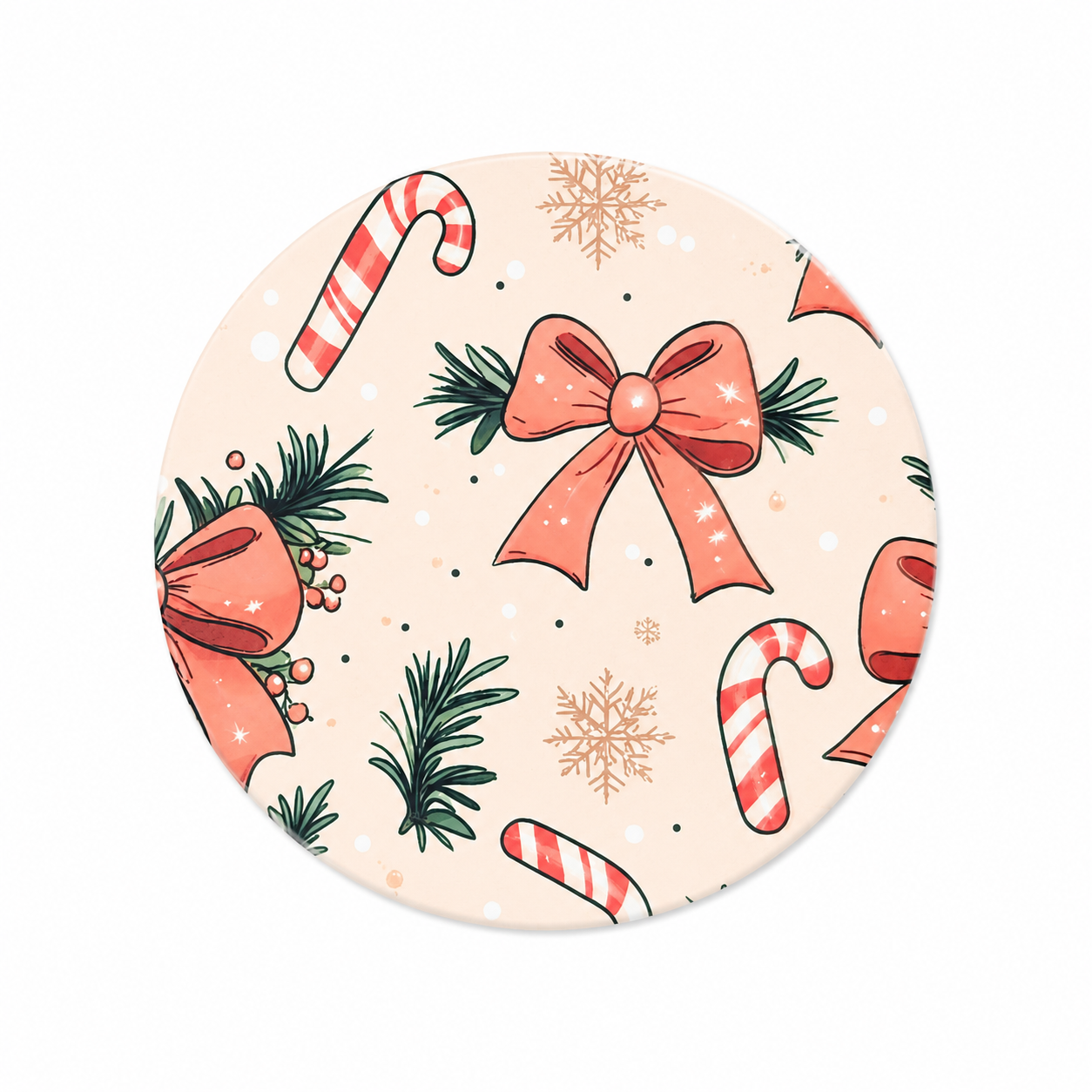 Pink Christmas hard board add-on featuring bows, candy canes, evergreen sprigs, berries, and snowflakes, compatible with interchangeable badge reel bases.