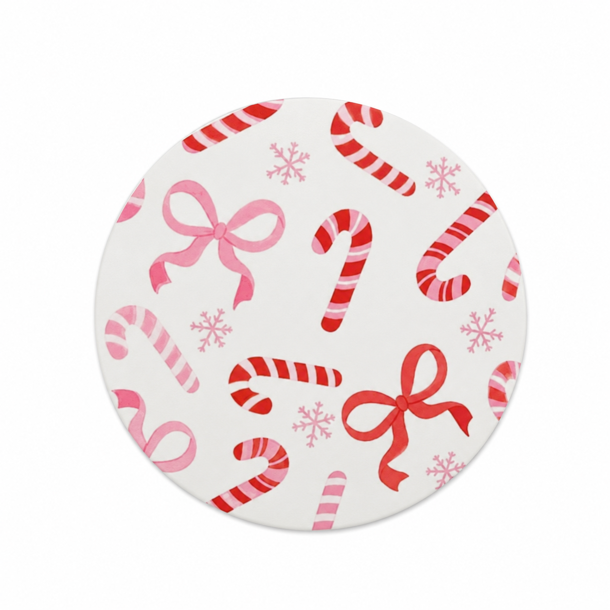 Candy Cane Bows hard board add-on featuring red and pink striped candy canes, ribbon bows, and snowflakes, compatible with interchangeable badge reel bases.