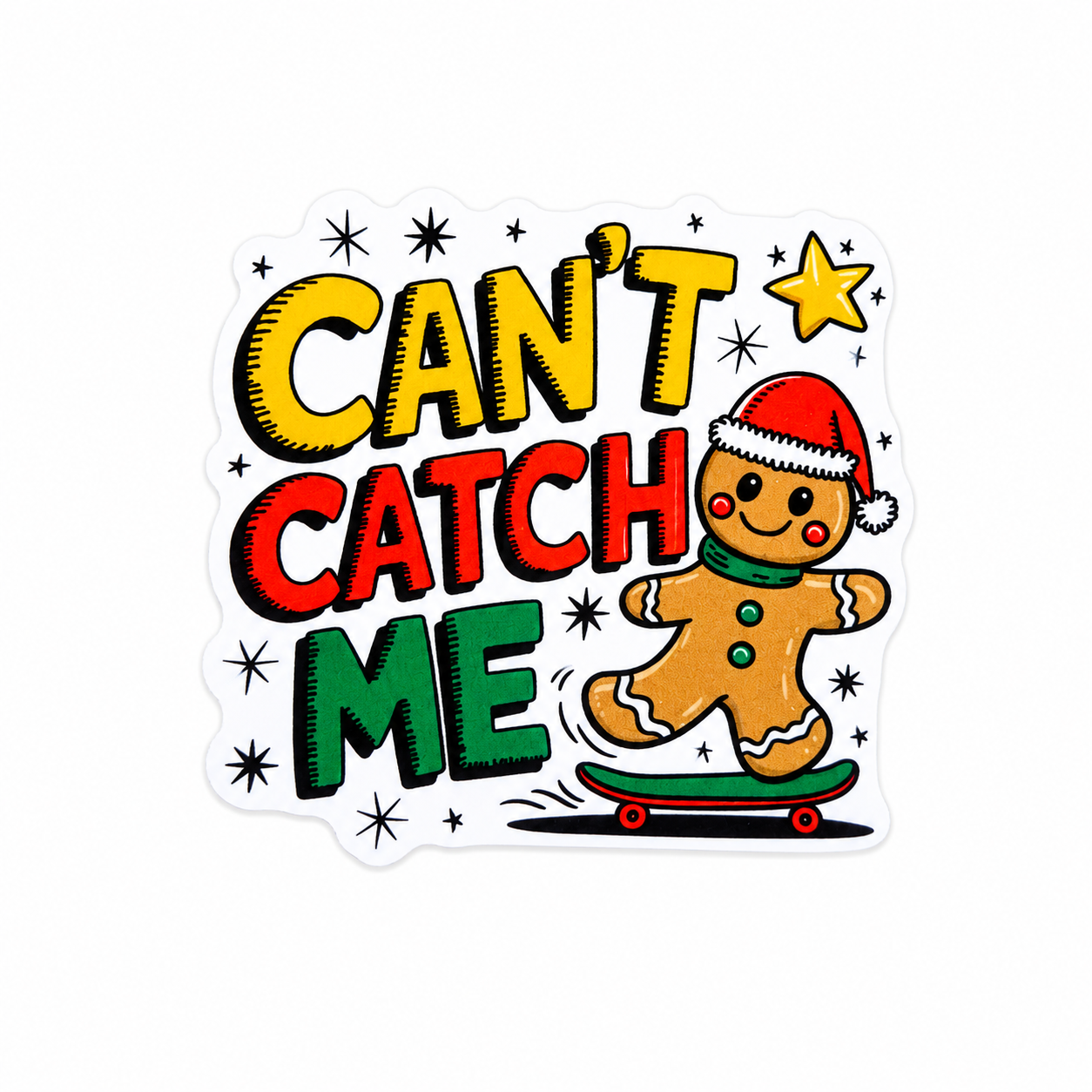 CAN'T CATCH ME plastic add-on featuring a gingerbread cookie wearing a Santa hat and riding a skateboard, compatible with interchangeable badge reel bases.