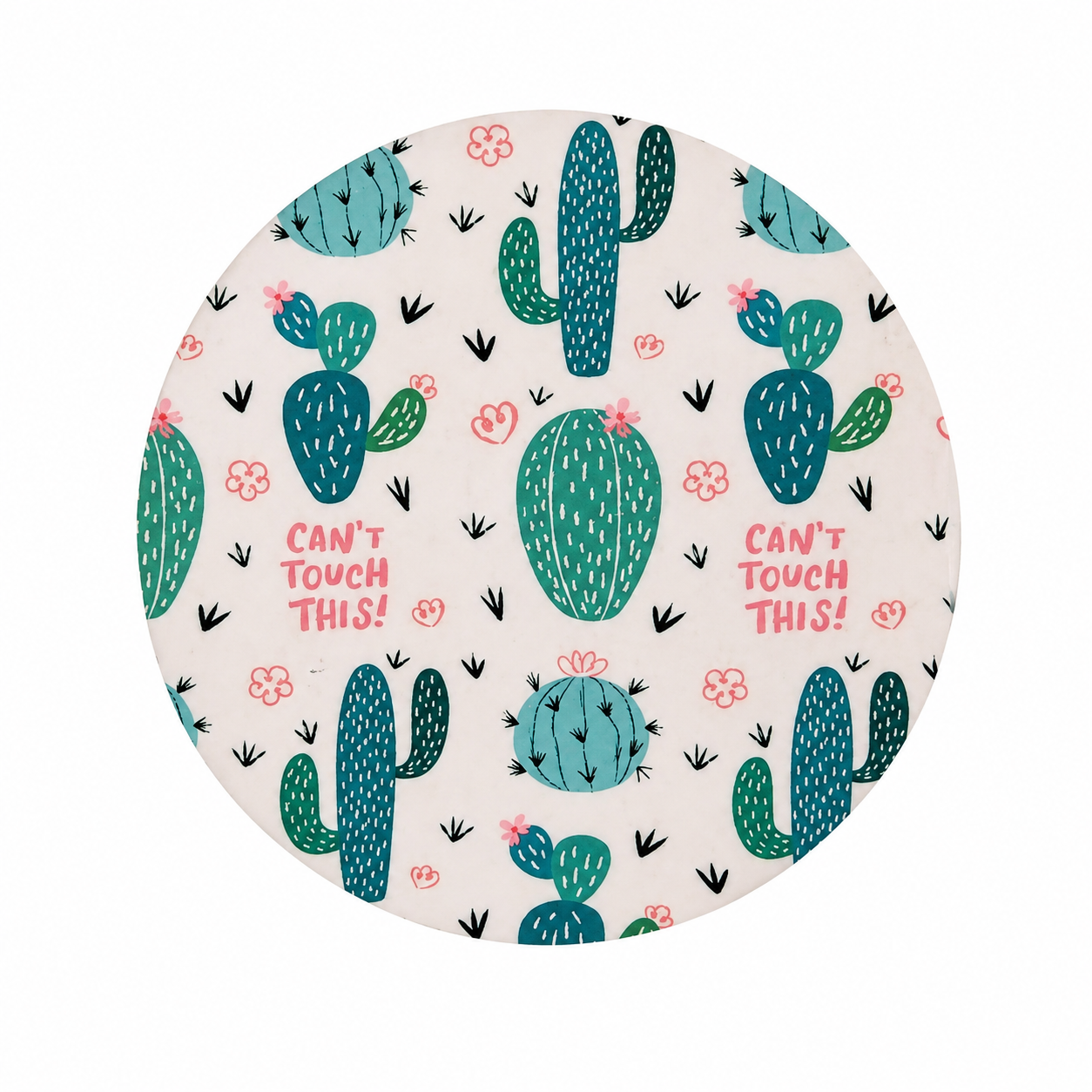 Can't Touch This Cactus hard board add-on featuring cute cacti and the phrase "Can't Touch This!" on a blush background, compatible with interchangeable badge reel bases.