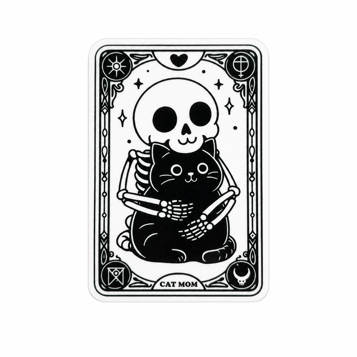 CAT MOM plastic add-on featuring a black cat and skeleton in a tarot-inspired frame, compatible with interchangeable badge reel bases, perfect for cat lovers and spooky aesthetic fans