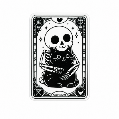 CAT MOM plastic add-on featuring a black cat and skeleton in a tarot-inspired frame, compatible with interchangeable badge reel bases, perfect for cat lovers and spooky aesthetic fans