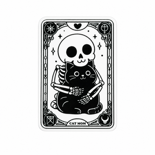 CAT MOM plastic add-on featuring a black cat and skeleton in a tarot-inspired frame, compatible with interchangeable badge reel bases, perfect for cat lovers and spooky aesthetic fans