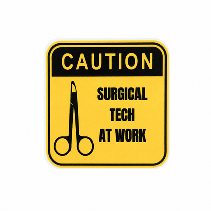 CAUTION SURGICAL TECH AT WORK plastic add-on featuring surgical scissors and caution sign artwork, compatible with interchangeable badge reel bases for surgical technologists and OR staff.