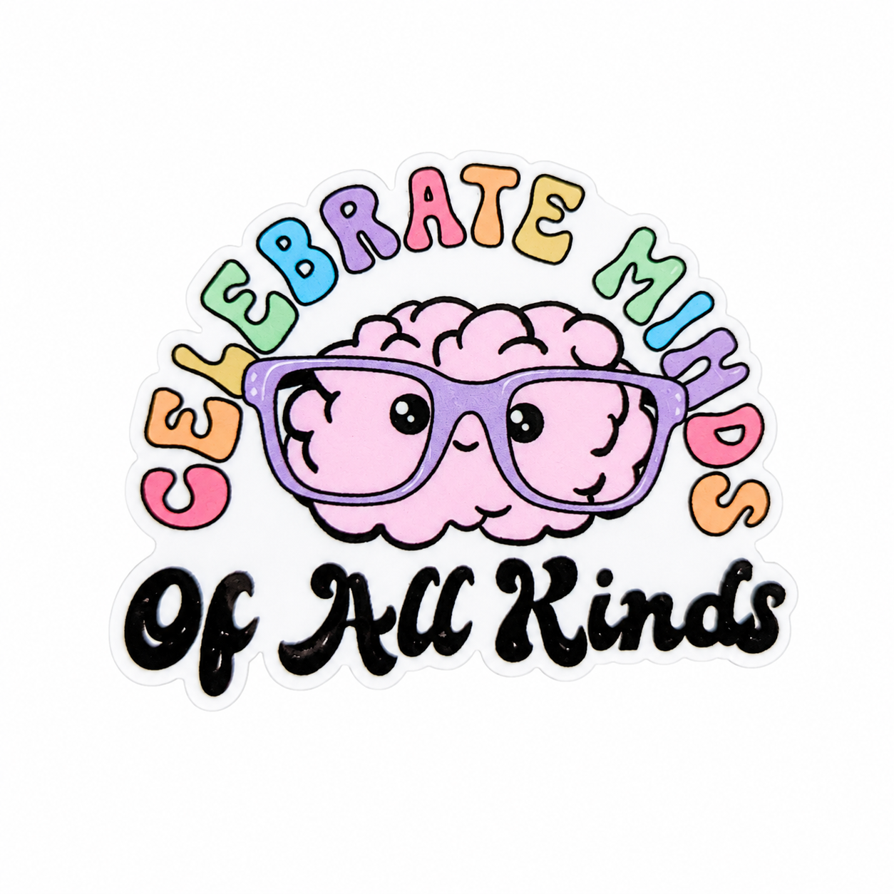Celebrate Minds of All Kinds plastic add-on with pink brain, purple glasses, and rainbow text, compatible with interchangeable badge reel bases.