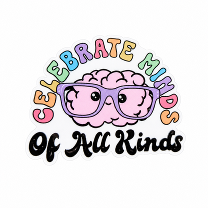 Celebrate Minds of All Kinds plastic add-on with pink brain, purple glasses, and rainbow text, compatible with interchangeable badge reel bases.