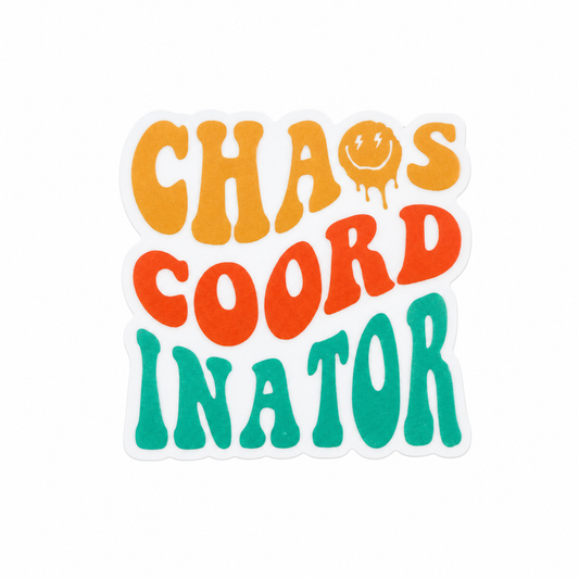 CHAOS COORDINATOR plastic add-on with bold colorful lettering and smiley detail, compatible with interchangeable badge reel bases, funny work badge accessory.