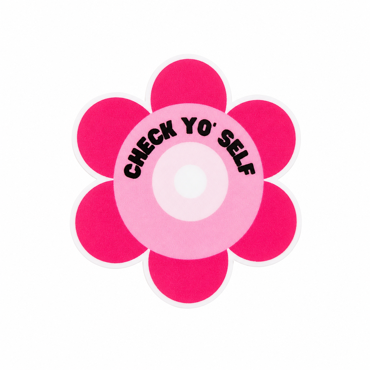 CHECK YO’ SELF plastic add-on with bright pink flower design and black text, compatible with interchangeable badge reel bases for breast cancer awareness accessory style.