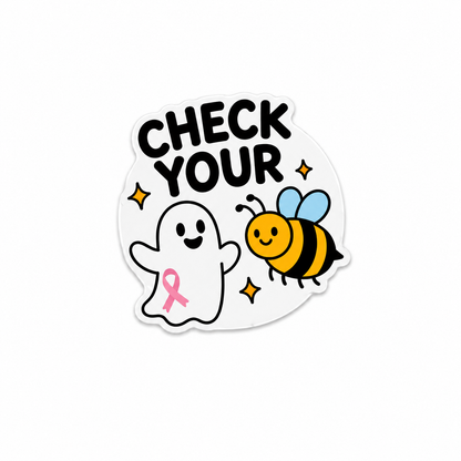 Check Your Boo-Bee cancer awareness plastic add-on with cute ghost, bee, sparkle details, and pink ribbon design, made as a healthcare support accessory compatible with interchangeable badge reel bases