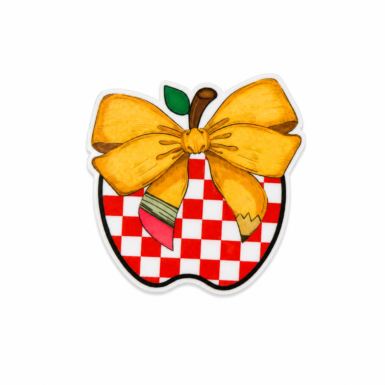 Plastic add-on featuring a red and white checkered apple with a yellow bow and pencil detail, compatible with interchangeable badge reel bases, cute teacher accessory