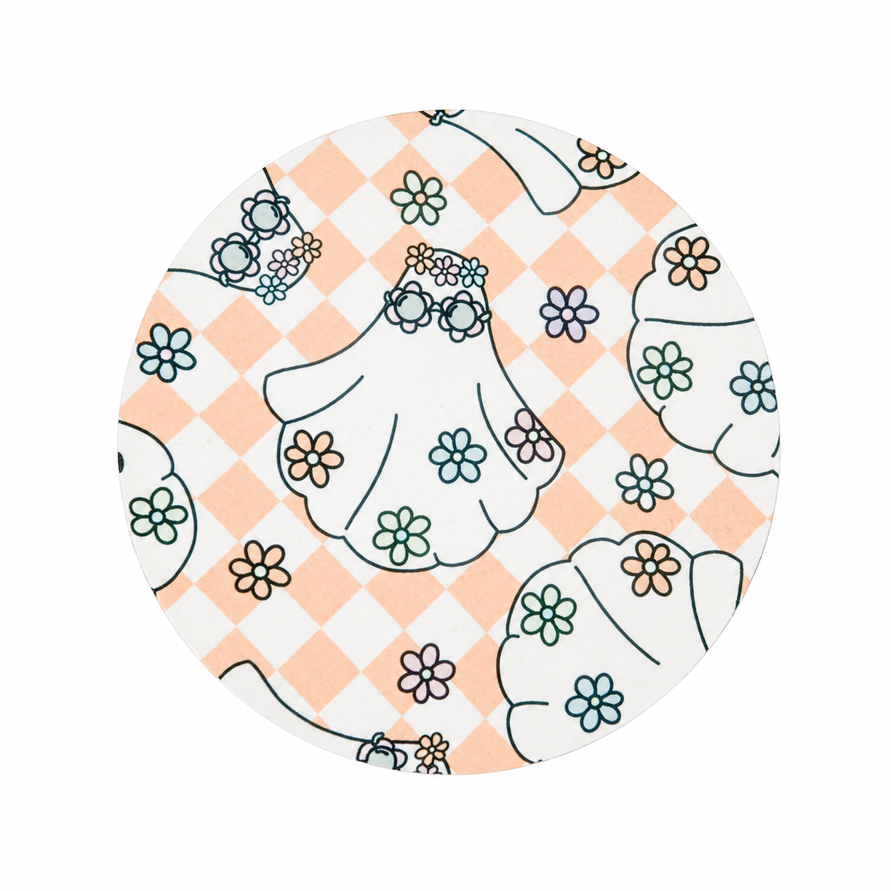 Floral Ghost hard board add-on featuring a cute ghost with a flower crown on a peach checkered background with pastel flowers, compatible with interchangeable badge reel bases.