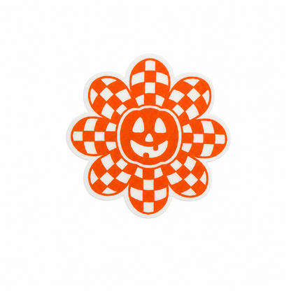 Plastic add-on featuring a smiling pumpkin flower with orange and white checkered petals, compatible with interchangeable badge reel bases and perfect for Halloween lovers.