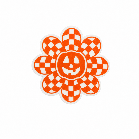 Plastic add-on featuring a smiling pumpkin flower with orange and white checkered petals, compatible with interchangeable badge reel bases and perfect for Halloween lovers.