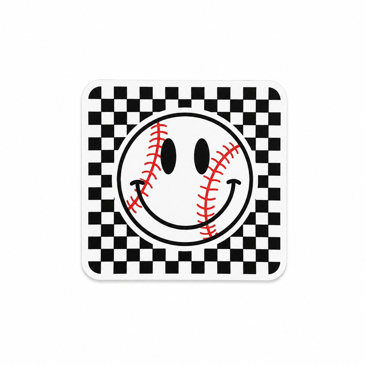 Checkered smiley baseball plastic add-on with a cute sporty design, made for compatible interchangeable badge reel bases