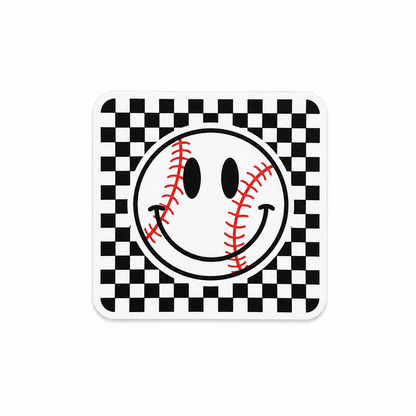Checkered smiley baseball plastic add-on with a cute sporty design, made for compatible interchangeable badge reel bases