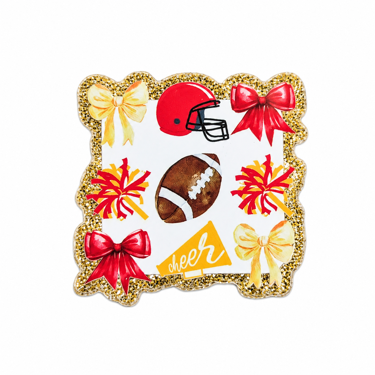 Cheer for Football game plastic add-on featuring a football helmet, football, pom-poms, bows, and cheer pennant, compatible with interchangeable badge reel bases for sports fans.