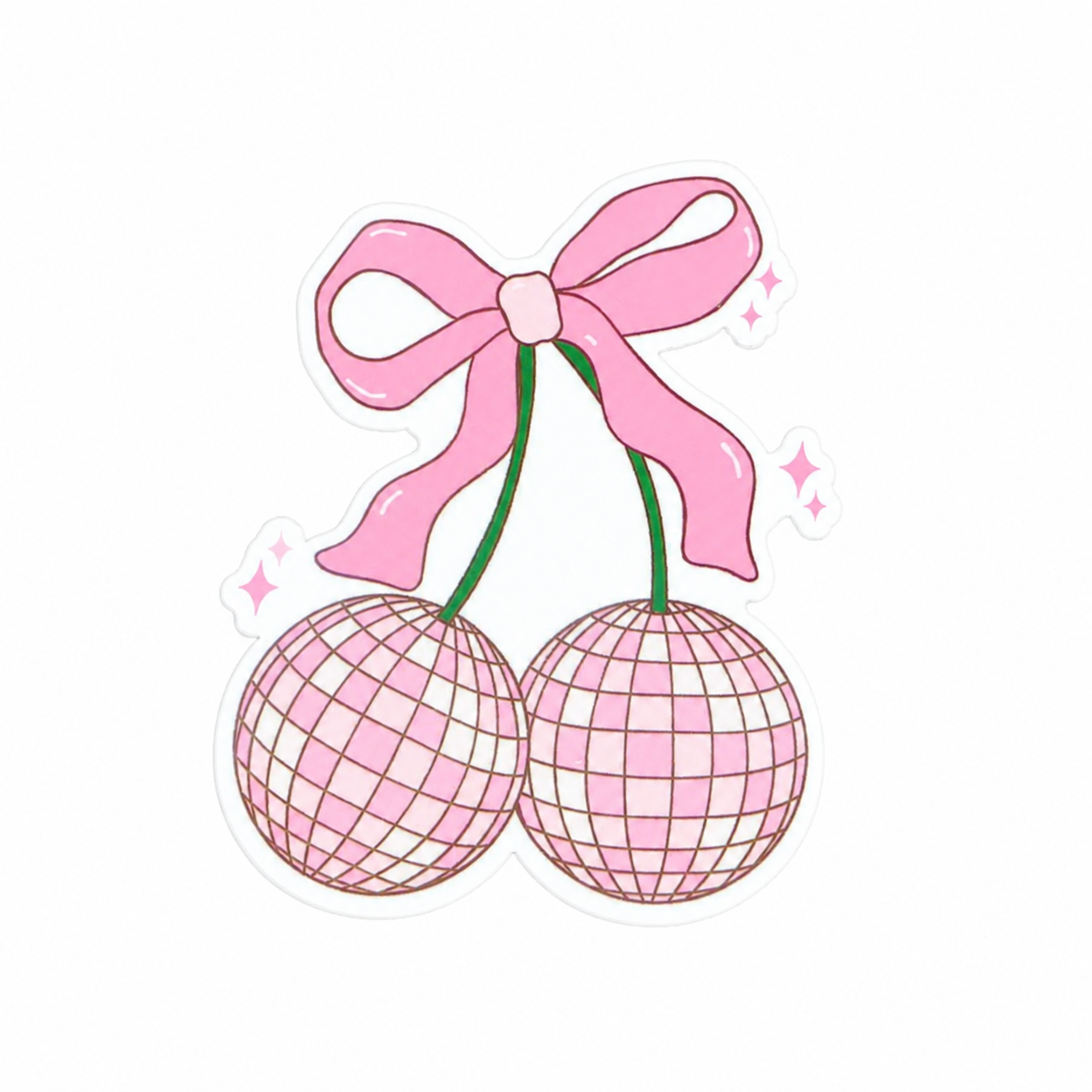 Pink disco cherries plastic add-on featuring a pink bow and disco ball cherry design, compatible with interchangeable badge reel bases, cute coquette aesthetic accessory