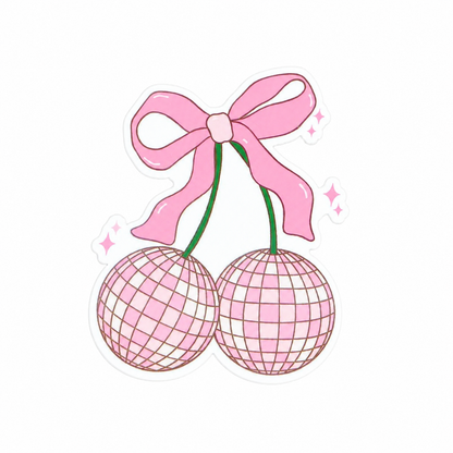 Pink disco cherries plastic add-on featuring a pink bow and disco ball cherry design, compatible with interchangeable badge reel bases, cute coquette aesthetic accessory