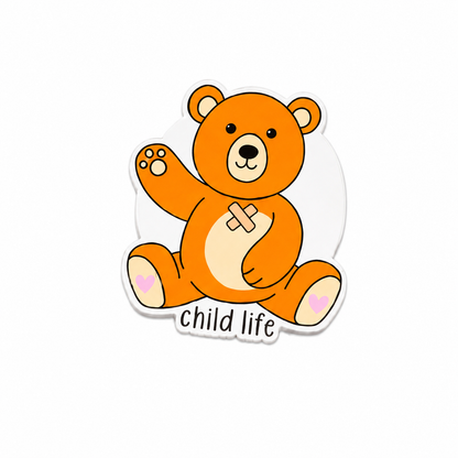 Child Life teddy bear plastic add-on with cute orange bear design, cozy pediatric healthcare theme, compatible with interchangeable badge reel bases