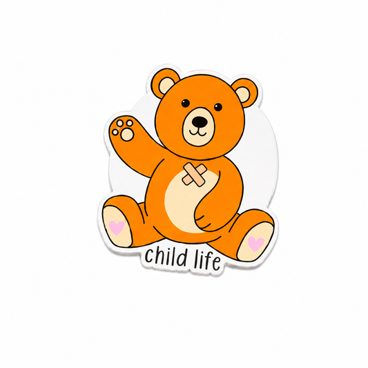 Child Life teddy bear plastic add-on with cute orange bear design, cozy pediatric healthcare theme, compatible with interchangeable badge reel bases