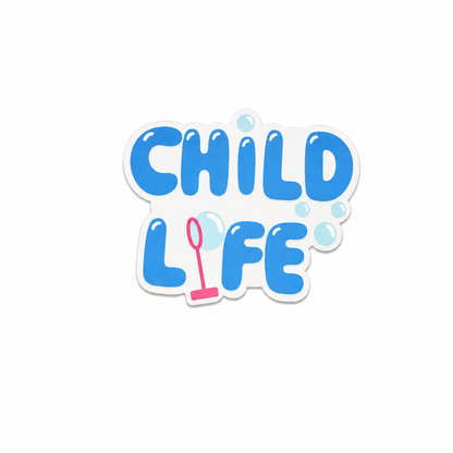 Child Life plastic add-on with blue bubble lettering and medical detail, compatible with interchangeable badge reel bases