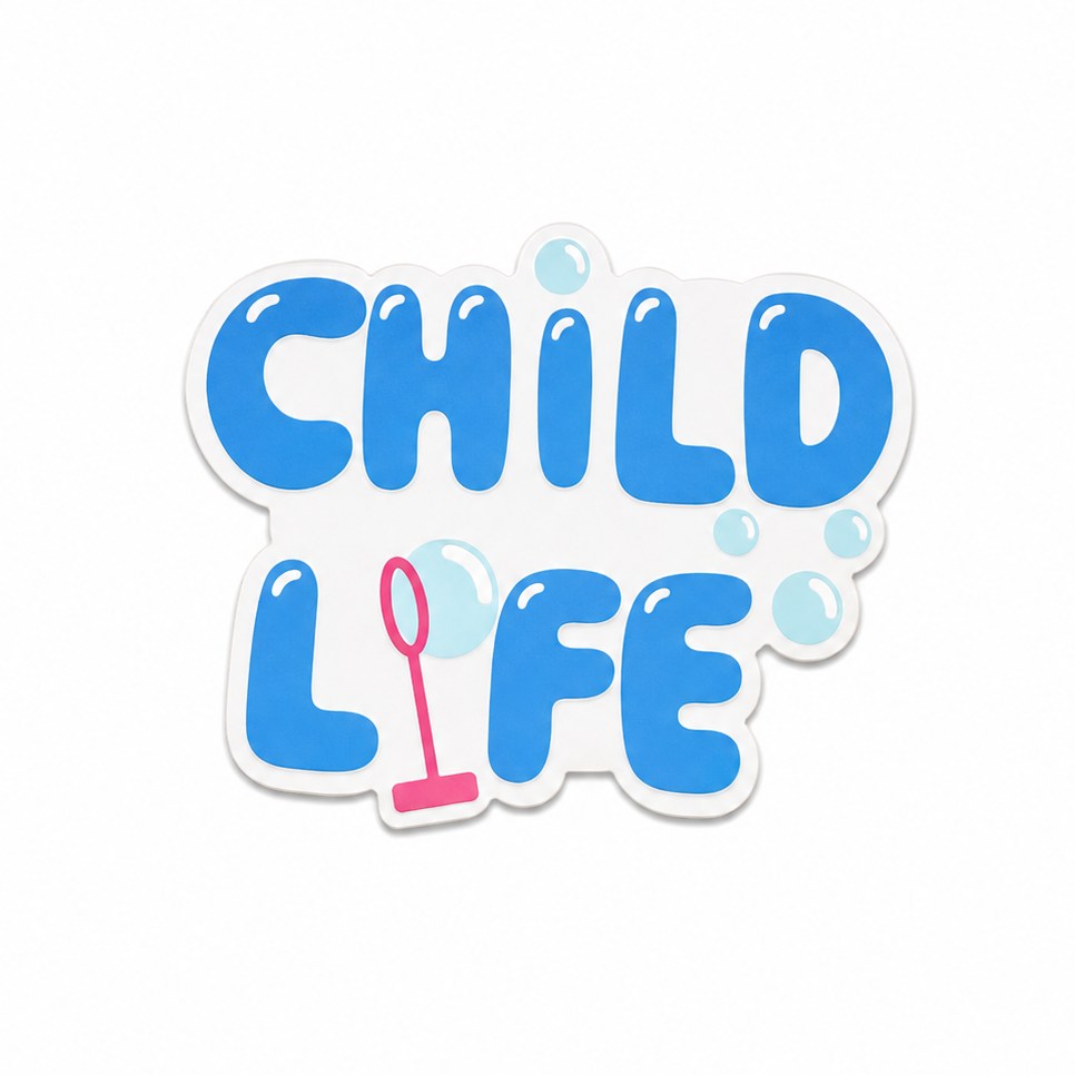 Child Life plastic add-on with blue bubble lettering and medical detail, compatible with interchangeable badge reel bases