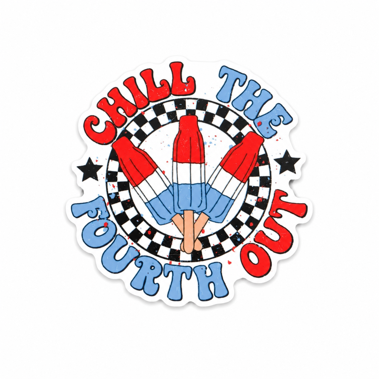 Plastic add-on featuring the text "Chill The Fourth Out" with red, white, and blue popsicles in a patriotic retro design, compatible with interchangeable badge reel bases.