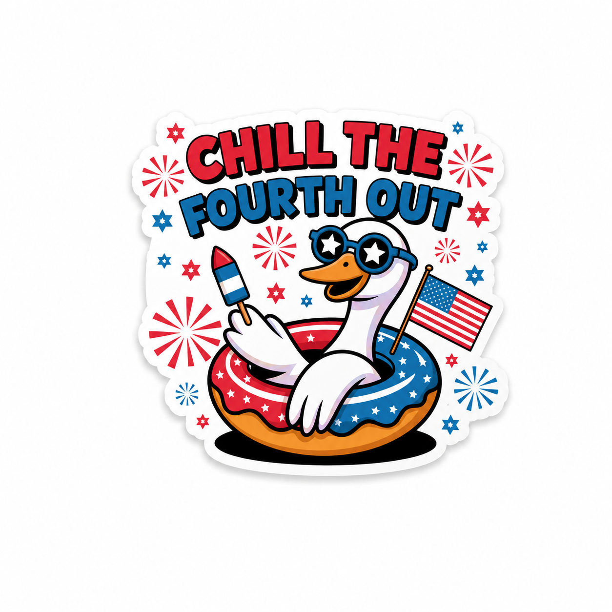Chill the Fourth Out plastic add-on for compatible interchangeable badge reel bases with patriotic duck summer design
