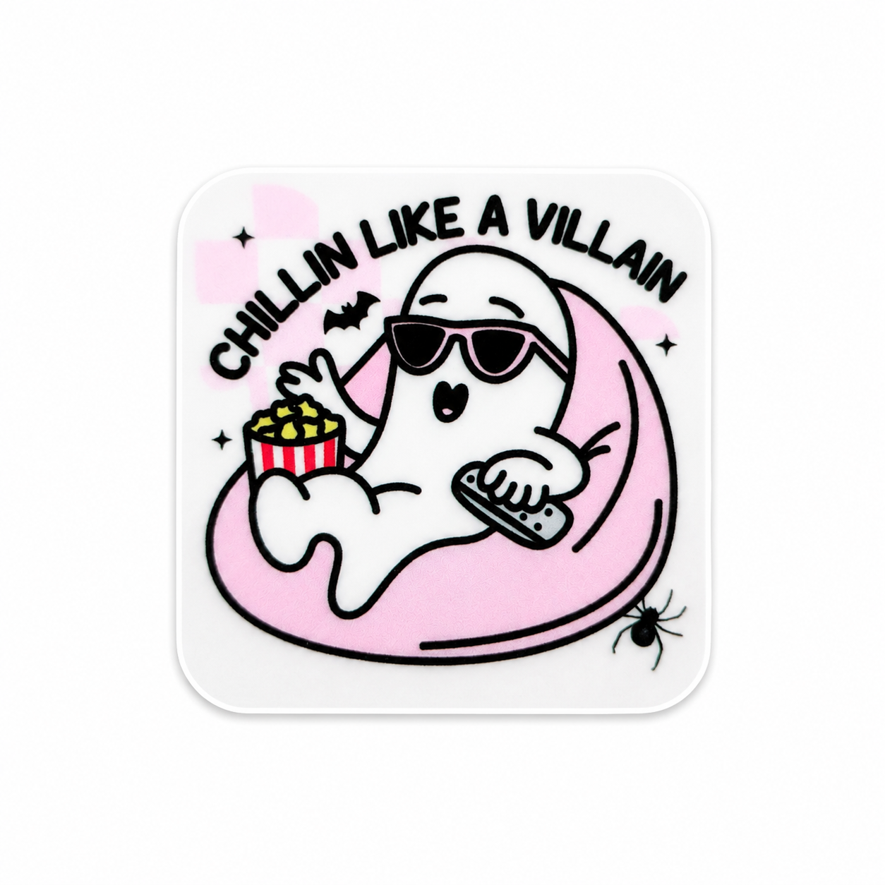 Plastic add-on featuring a ghost wearing sunglasses, holding popcorn and a remote with the phrase "CHILLIN LIKE A VILLAIN," compatible with interchangeable badge reel bases.