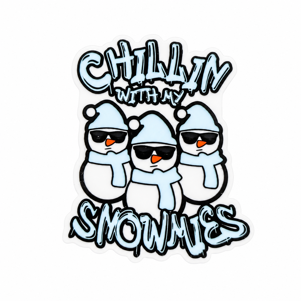 CHILLIN with my SNOWMIES plastic add-on with three snowmen in sunglasses, winter hats, and scarves, compatible with interchangeable badge reel bases.