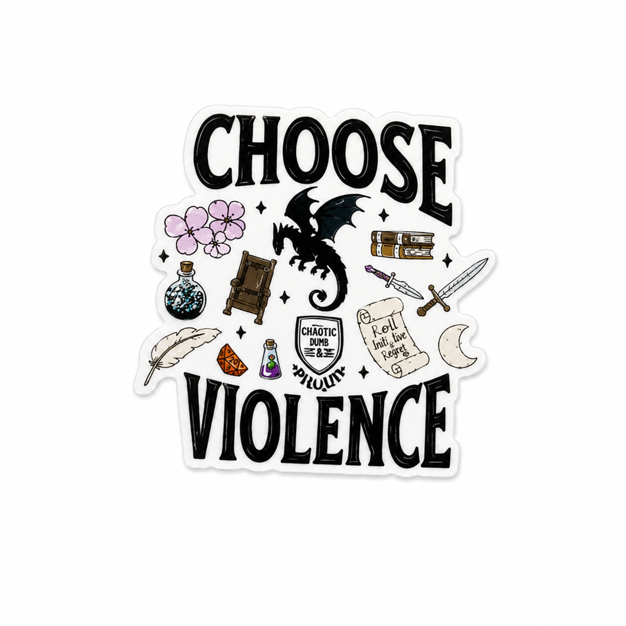Choose Violence bookish fantasy plastic add-on with dragon, dice, swords, potions, books, and whimsical fantasy details, compatible with interchangeable badge reel bases